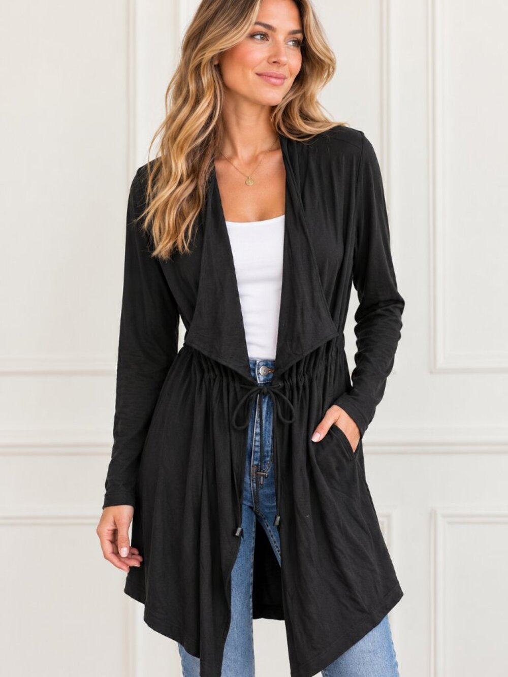 Jones New York Jones & Co Black Draped Drawstring Cardigan Jacket 1X